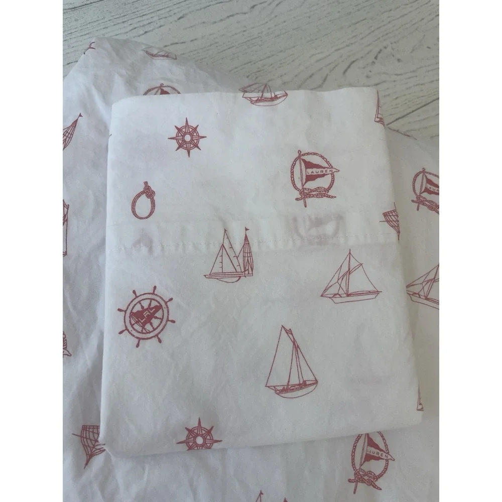 Ralph Lauren Red White Sailboat Nautical 3 Pc TWIN Sheet Set‎ Flat Fitted Case